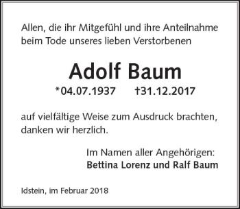 Traueranzeige von Adolf Baum von Trauerportal Rhein Main Presse