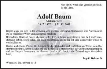 Traueranzeige von Adolf Baum von Trauerportal Rhein Main Presse