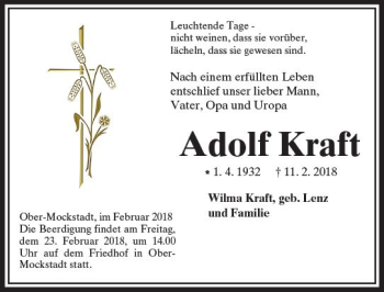 Traueranzeige von Adolf Kraft von  Kreisanzeiger