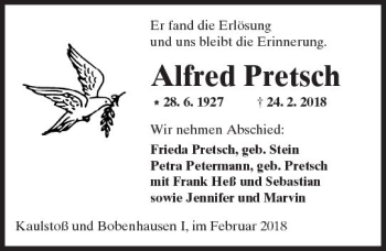 Traueranzeige von Alfred Pretsch von  Kreisanzeiger