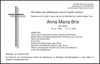 Traueranzeige von Anna Maria Brix von  Kreisanzeiger