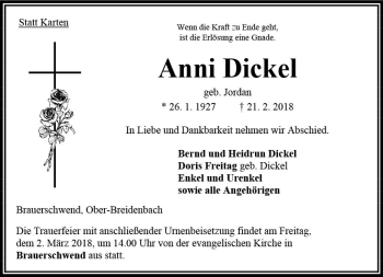 Traueranzeige von Anni Dickel von VRM Trauer
