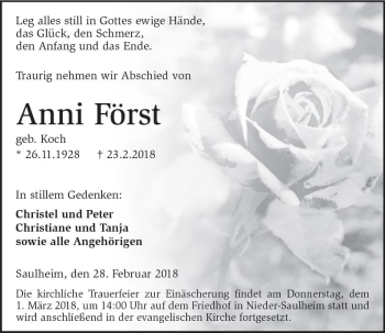 Traueranzeige von Anni Först von Trauerportal Rhein Main Presse