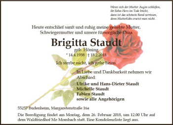 Traueranzeige von Brigitta Staudt von Trauerportal Rhein Main Presse