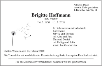Traueranzeige von Brigitte Hoffmann von  Gießener Anzeiger
