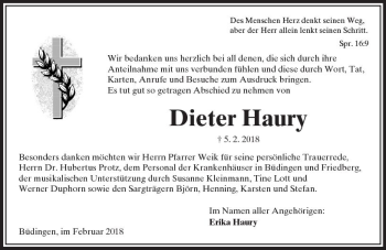 Traueranzeige von Dieter Haury von  Kreisanzeiger