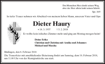 Traueranzeige von Dieter Haury von  Kreisanzeiger