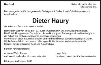 Traueranzeige von Dieter Haury von  Kreisanzeiger