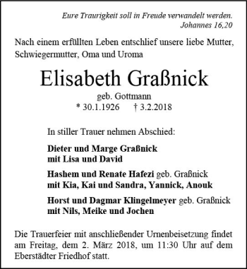 Traueranzeige von Elisabeth Graßnick von Trauerportal Rhein Main Presse