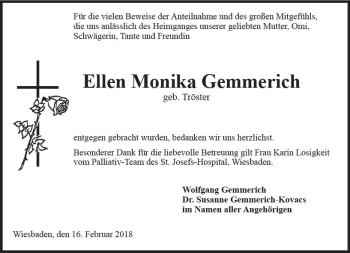 Traueranzeige von Ellen Monika Gemmerich von Trauerportal Rhein Main Presse