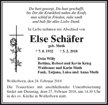 Traueranzeige von Else Schäfer von  Kreisanzeiger