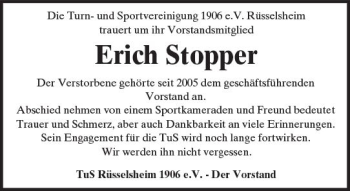 Traueranzeige von Erich Stopper von Trauerportal Rhein Main Presse