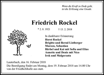 Traueranzeige von Friedrich Rockel von VRM Trauer