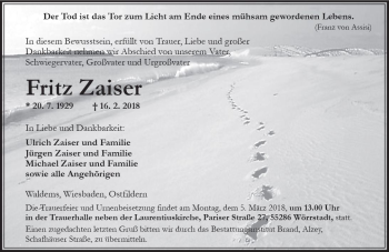 Traueranzeige von Fritz Zaiser von Trauerportal Rhein Main Presse