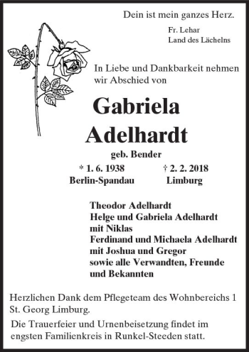 Traueranzeige von Gabriela Adelhardt von Trauerportal Rhein Main Presse