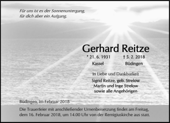 Traueranzeige von Gerhard Reitze von  Kreisanzeiger