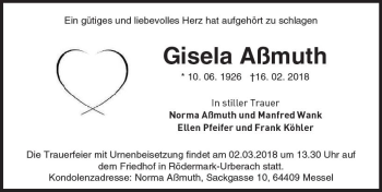 Traueranzeige von Gisela Aßmuth von Trauerportal Rhein Main Presse