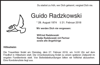 Traueranzeige von Guido Radzkowski von Trauerportal Rhein Main Presse