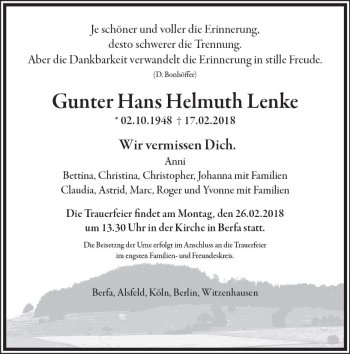 Traueranzeige von Gunter Hans Helmuth Lenke von VRM Trauer