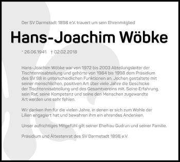 Traueranzeige von Hans-Joachim Wöbke von Trauerportal Rhein Main Presse