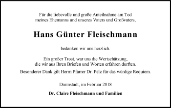 Traueranzeige von Hans Günter Fleischmann von Trauerportal Rhein Main Presse
