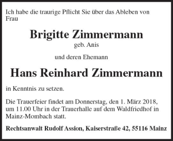 Traueranzeige von Hans Reinhard Zimmermann von Trauerportal Rhein Main Presse