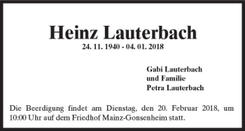 Traueranzeige von Heinz Lauterbach von Trauerportal Rhein Main Presse