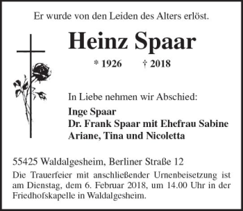 Traueranzeige von Heinz Spaar von Trauerportal Rhein Main Presse