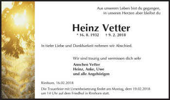 Traueranzeige von Heinz Vetter von Trauerportal Rhein Main Presse