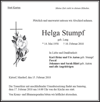 Traueranzeige von Helga Stumpf von VRM Trauer