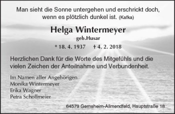 Traueranzeige von Helga Wintermeyer von Trauerportal Rhein Main Presse