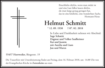 Traueranzeige von Helmut Schmitt von Trauerportal Rhein Main Presse