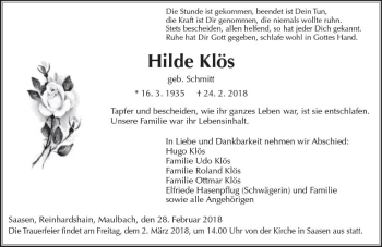 Traueranzeige von Hilde Klös von  Gießener Anzeiger