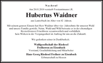 Traueranzeige von Hubertus Waidner von VRM Trauer
