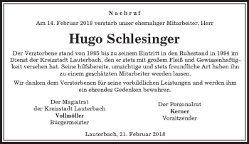 Traueranzeige von Hugo Schlesinger von VRM Trauer