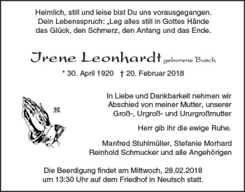 Traueranzeige von Irene Leonhardt von Trauerportal Rhein Main Presse