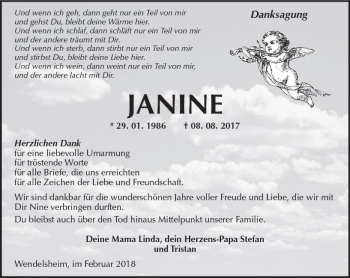 Traueranzeige von Janine  von Trauerportal Rhein Main Presse