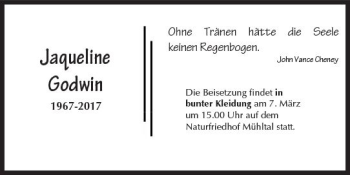 Traueranzeige von Jaqueline Godwin von Trauerportal Rhein Main Presse