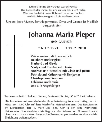 Traueranzeige von Johanna Maria Pieper von Trauerportal Rhein Main Presse