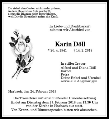 Traueranzeige von Karin Döll von  Gießener Anzeiger