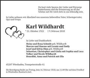 Traueranzeige von Karl Wildhardt von Trauerportal Rhein Main Presse
