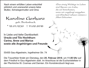 Traueranzeige von Karoline Gerharz von Trauerportal Rhein Main Presse