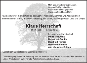 Traueranzeige von Klaus Herrschaft von Trauerportal Rhein Main Presse