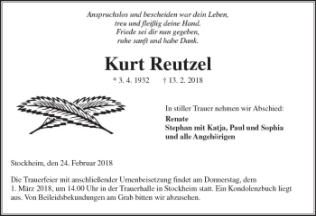 Traueranzeige von Kurt Reutzel von  Kreisanzeiger
