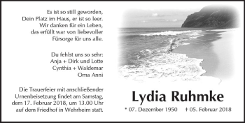 Traueranzeige von Lydia Ruhmke von  Usinger Anzeiger