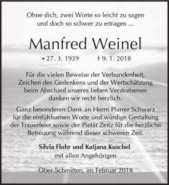 Traueranzeige von Manfred Weinel von  Kreisanzeiger