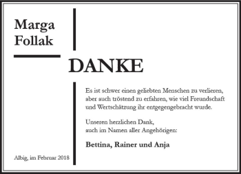 Traueranzeige von Marga Follak von Trauerportal Rhein Main Presse