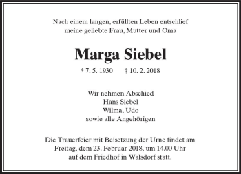 Traueranzeige von Marga Siebel von  Camberger Anzeiger