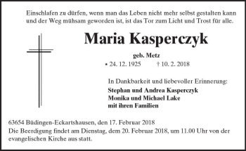 Traueranzeige von Maria Kasperczyk von  Kreisanzeiger