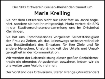 Traueranzeige von Maria Kreiling von  Gießener Anzeiger